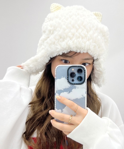 ニットキャップ・ビーニー Fallett Pom Pom Earmuff Ivory FA2404CA05IV Lace Ladies ニット帽 ニットキャップ アニマル 耳付き 2WAY