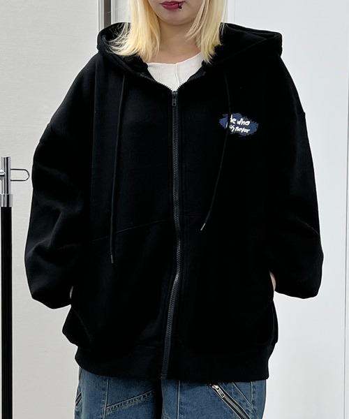 ホワイト フード付きパーカー メッセージプリント Starting Over パーカー embroidery print zip hoodie / 刺繍