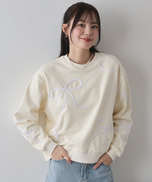 トレーナー スウェット 「韓国ファッション春コーデに」刺繍リボンオーバーショートスウェットシャツ レディース トレーナー スウェット 「韓国ファッション春コーデに」刺繍