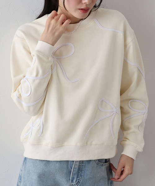 BLUEEAST トレーナー スウェット リボンコード刺繍スウェット