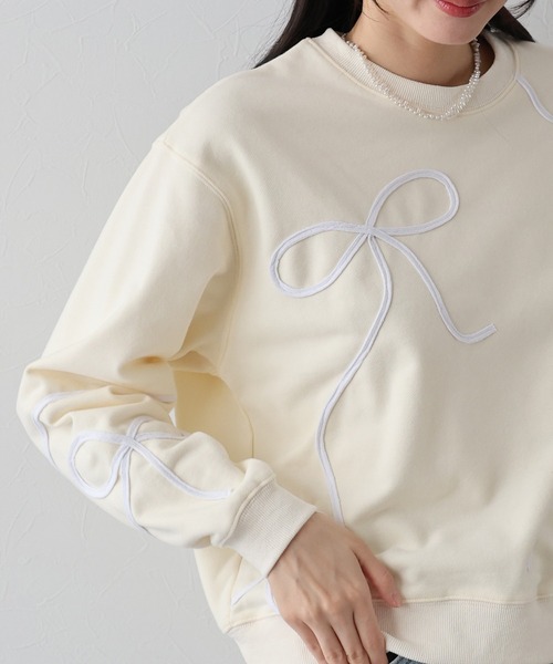 トレーナー スウェット リボン刺繍ベロアパッチワークPK レディース リボン刺しゅうベロアパッチワークPK - Jamie エーエヌケー