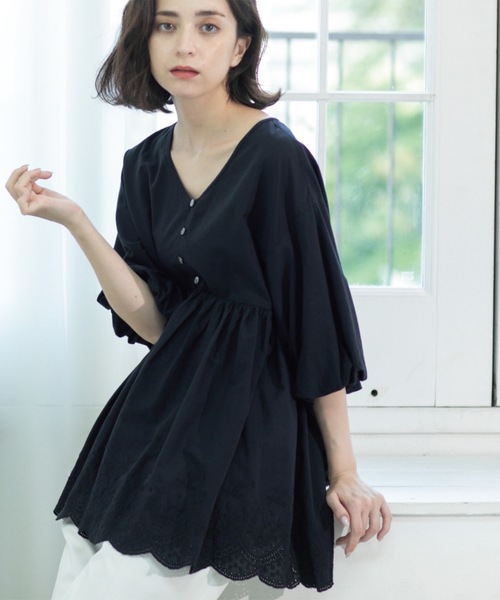 【CLOCHE】刺繍レースブラウス　ブラック OPAQUE.CLIP ブラウス シャツ バルーン袖スカラップ刺繍レース