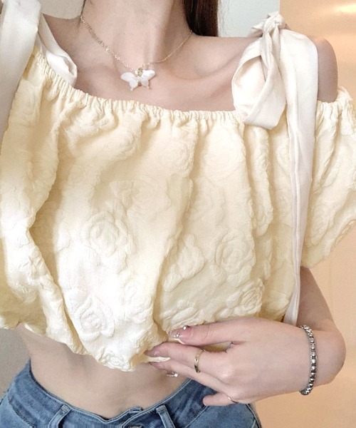 ブラウス シャツ off shoulder ribbon blouse レディース Riff ブラウス シャツ 肩リボンレースオフショルトップス