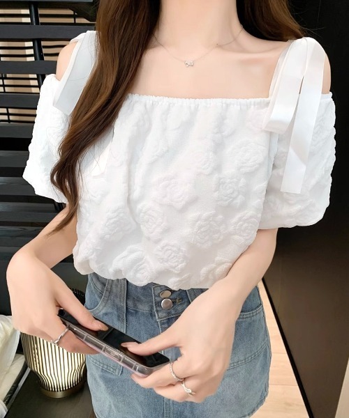 ブラウス シャツ off shoulder ribbon blouse レディース Riff ブラウス シャツ 肩リボンレースオフショルトップス