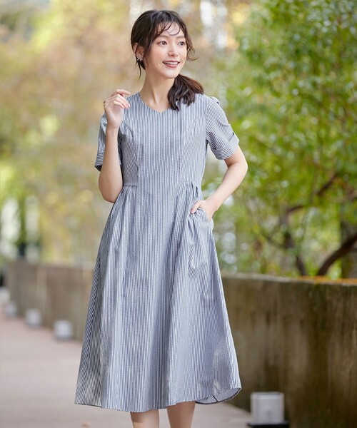 LEONARD FASHION ストライプ半袖ワンピース Tiaclasse ワンピース 半袖 サッカーストライプワンピース : ZOZOTOWN