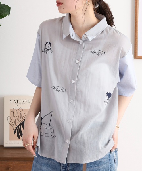 ブラウス シャツ EMAGO 氷に浮かぶペンギン刺繍シャツ レディース Emago ブラウス シャツ EMAGO 氷に浮かぶペンギン刺繍シャツ