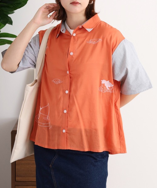 ブラウス シャツ EMAGO 氷に浮かぶペンギン刺繍シャツ レディース Emago ブラウス シャツ EMAGO 氷に浮かぶペンギン刺繍シャツ