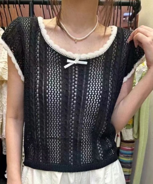 ニット セーター バイカラー透かし編みノースリーブニット/配色 リンガー レディース | ブランド登録なし | 12