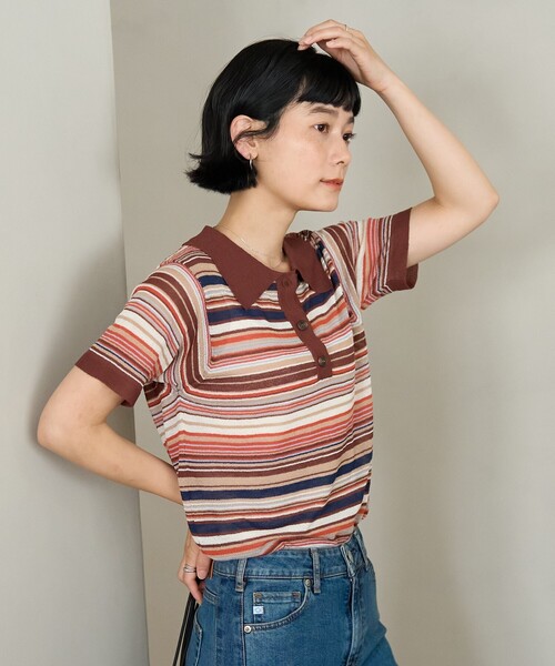 ポロシャツ ポロ マルチボーダー シアー サマー ポロニット/サマーニット レディース FREAK'S STORE ポロシャツ ポロ マルチボーダー シアーポロ