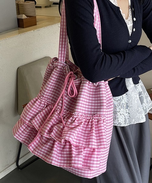 トートバッグ チェック柄フリルトートバッグ レディース : ZOZOTOWN