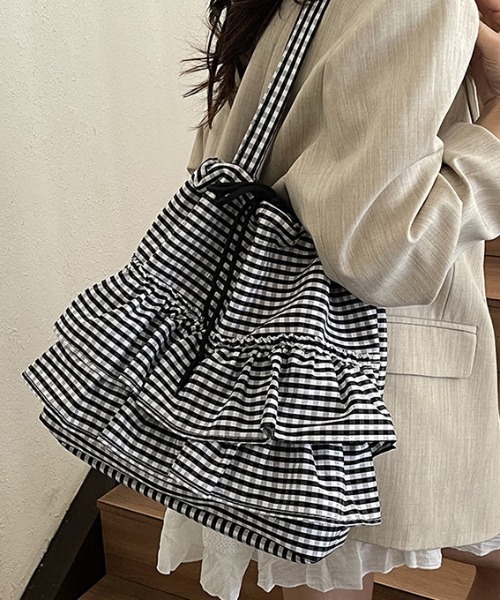 トートバッグ チェック柄フリルトートバッグ レディース : ZOZOTOWN