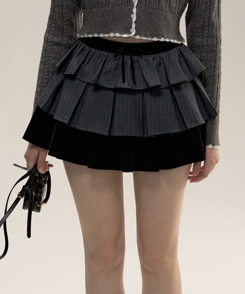 Sunsetpark スカート SunsetPark スカート ピンストライプ ティアードプリーツスカート