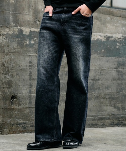 Regen Glanzブラック ストレートデニム パンツ Lサイズ Regen Glanz ジーンズ vintage wash straight denim pants