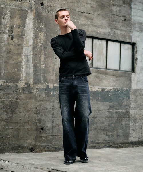 Regen Glanzブラック ストレートデニム パンツ Lサイズ Regen Glanz ジーンズ 2tuck wide straight denim pants/ツータック