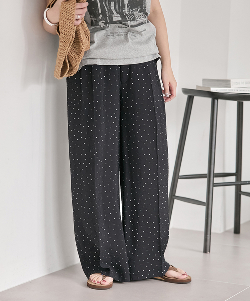 ワイドパンツ パンツ ドットプリントワイドパンツ レディースの画像