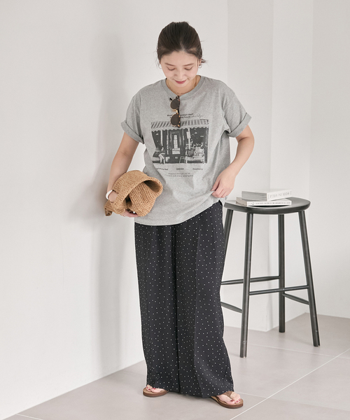 ワイドパンツ パンツ ドットプリントワイドパンツ レディースの画像