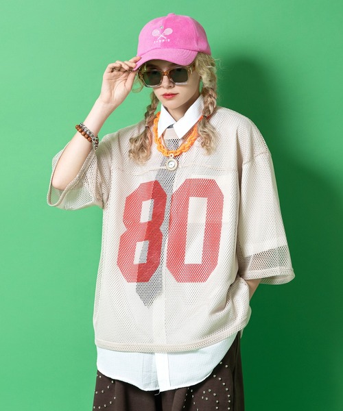 tシャツ a.p.o.v. 短丈オーバーサイズナンバリングメッシュTシャツ
