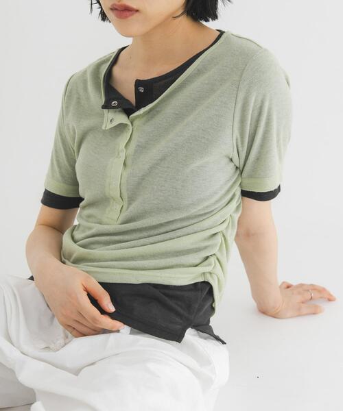 tシャツ バイカラーヘンリーネックTEE レディースの画像