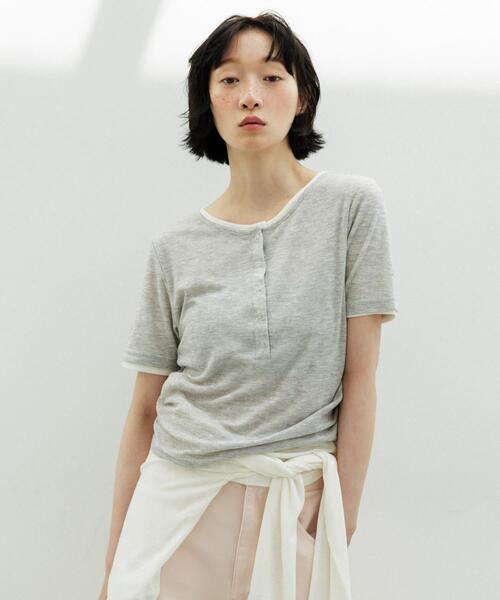 tシャツ バイカラーヘンリーネックTEE レディースの画像