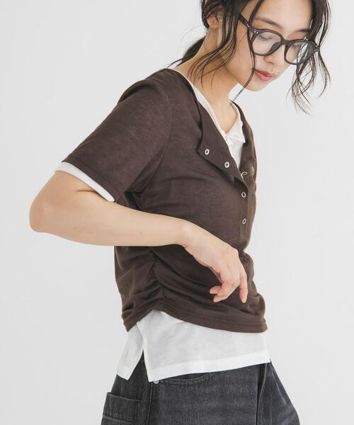 tシャツ バイカラーヘンリーネックTEE レディースの画像