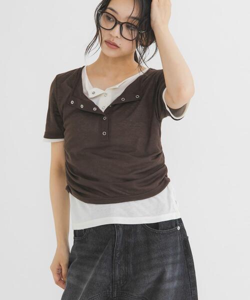 tシャツ バイカラーヘンリーネックTEE レディースの画像