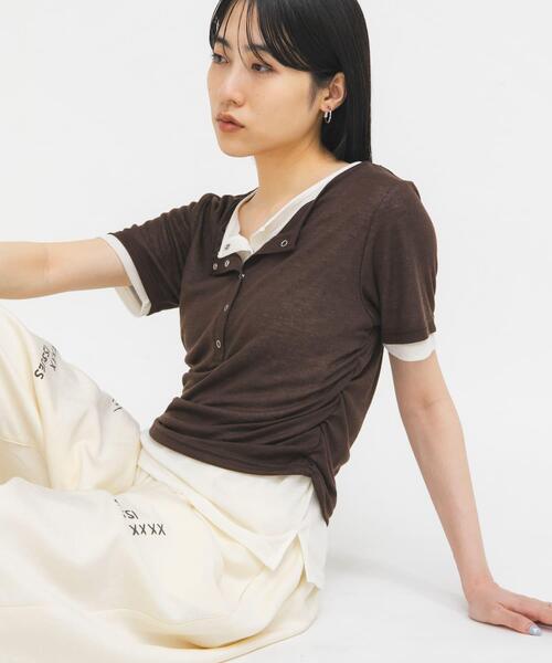 tシャツ バイカラーヘンリーネックTEE レディースの画像