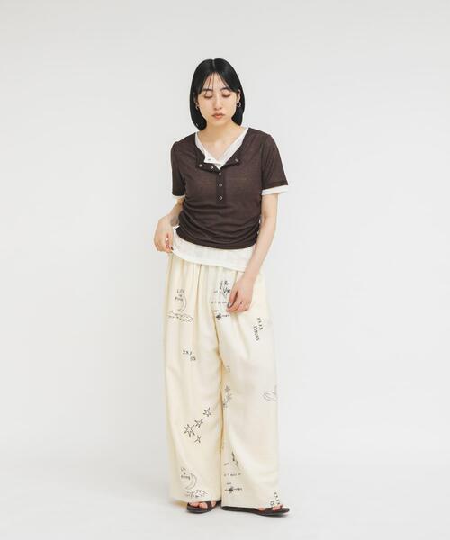 tシャツ バイカラーヘンリーネックTEE レディースの画像