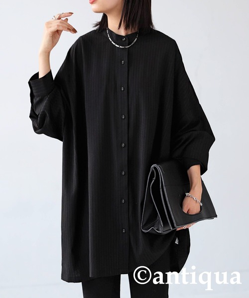 antiqua（アンティカ） ブラウス シャツ バンドカラーストライプシャツ