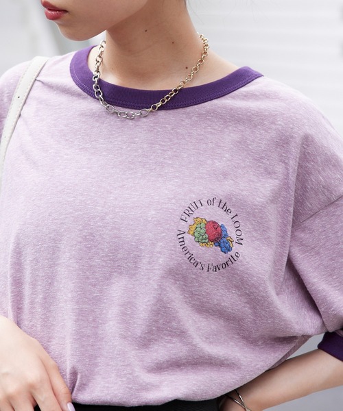 90s  Tシャツ　リンガーネック　トレフォイル　刺繍　車　紫　L FRUIT OF THE LOOM（フルーツオブザルーム） tシャツ 「FRUIT OF THE