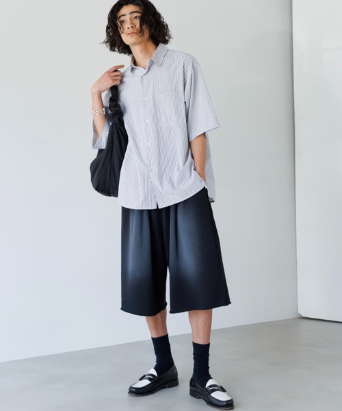 メンズ ストライプシャツ 半袖シャツ 英字プリント ルーズ a1181 SINSS シャツ Loose fit stripe shirt / ルーズフィット