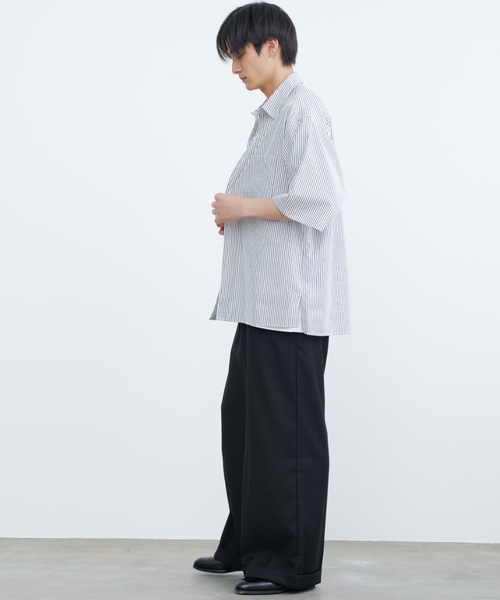 メンズ ストライプシャツ ルーズ シンプル 肩落ち 縦縞 Y04493 SINSS シャツ Loose silhouette striped shirt / ルーズ