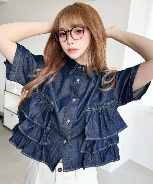 moment+ ブラウス シャツ 半袖ティアードフリルデニムシャツ
