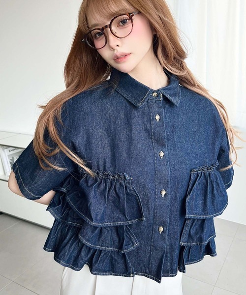 moment+ ブラウス シャツ 半袖ティアードフリルデニムシャツ