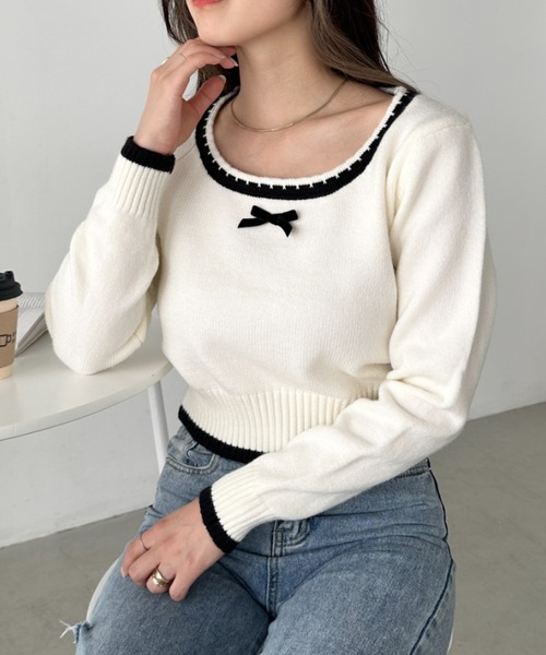 CLEA ニット セーター フロントリボンスクエアネックニットトップス