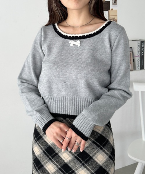 CLEA ニット セーター フロントリボンスクエアネックニットトップス