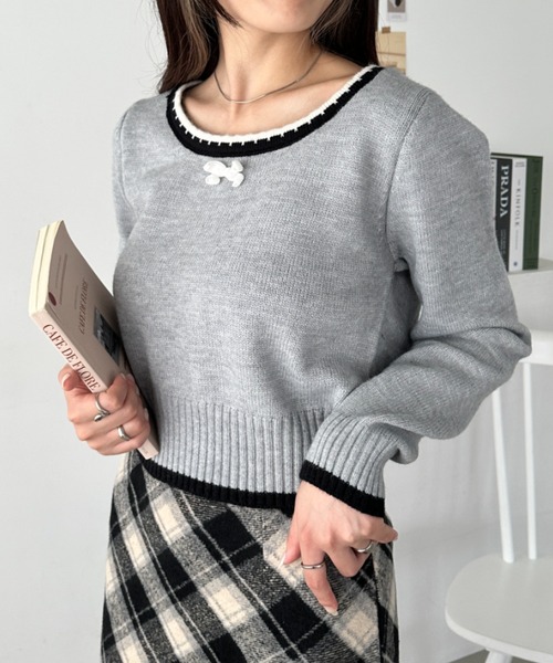 CLEA ニット セーター フロントリボンスクエアネックニットトップス