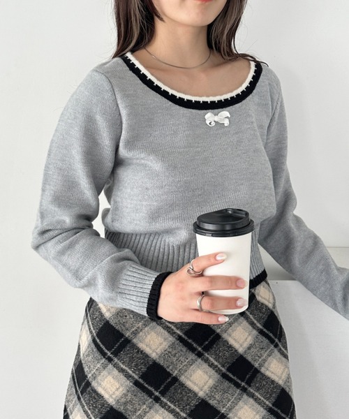 CLEA ニット セーター フロントリボンスクエアネックニットトップス