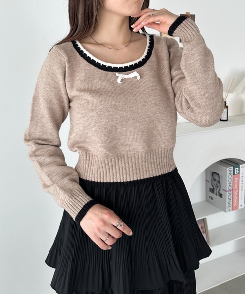 CLEA ニット セーター フロントリボンスクエアネックニットトップス