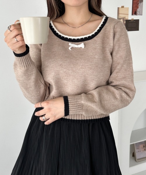 CLEA ニット セーター フロントリボンスクエアネックニットトップス