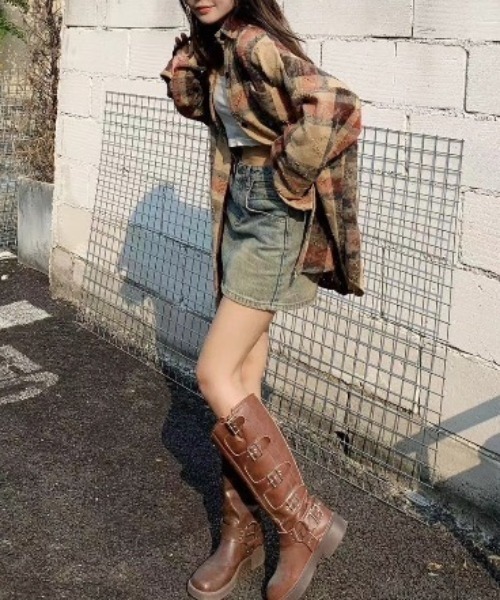 長袖シャツ ユニセックス チェック柄 スプライシング CREARE -LINO- ブラウス シャツ 「ユニセックス商品」ダメージ