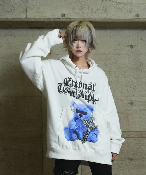 Amilige くまのパーカー Amilige パーカー CROSS BEARプリントパーカー レディース