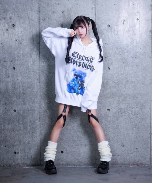 Amilige パーカー CROSS BEARプリントパーカー レディース