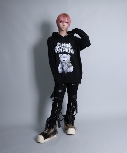 Amilige パーカー CROSS BEARプリントパーカー レディース