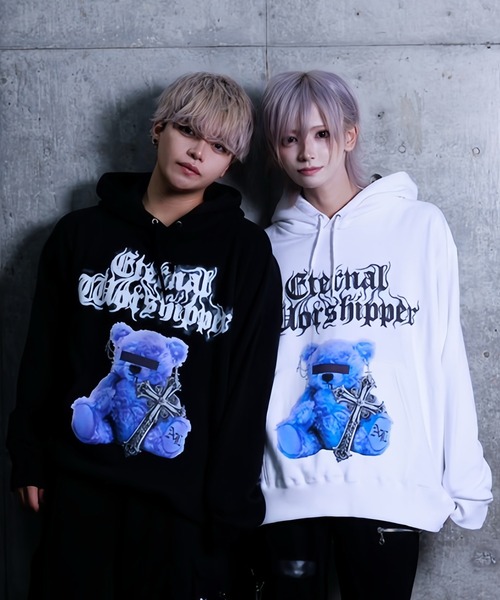 Amilige くまのパーカー Amilige パーカー CROSS BEARプリントパーカー レディース