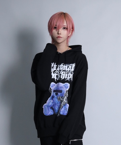 Amilige パーカー CROSS BEARプリントパーカー レディース