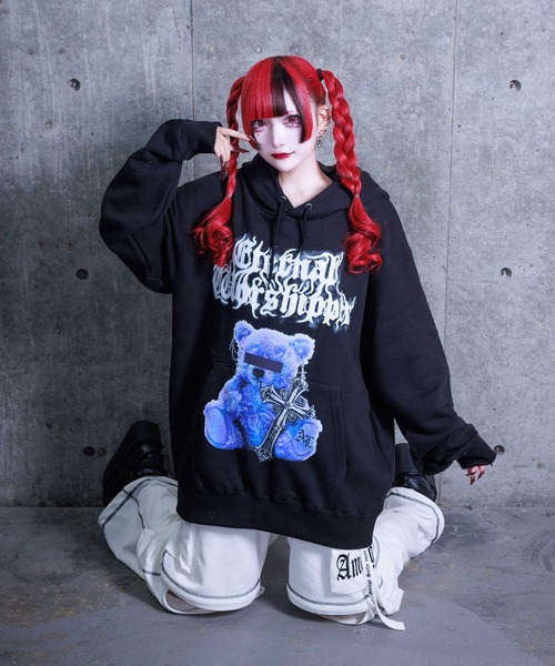 Amilige くまのパーカー Amilige パーカー CROSS BEARプリントパーカー レディース