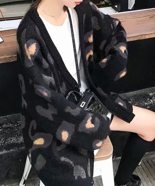 PANERO レオパード柄 カーディガン ブラック L PANERO レオパード柄 カーディガン ブラック L