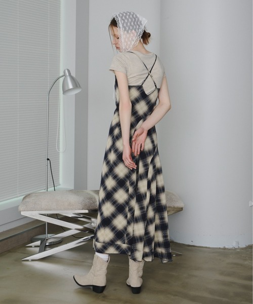 【NEW限定品】 SHAGGIE ワンピース チェック柄/ニュアンス柄バッククロスロング ワンピース