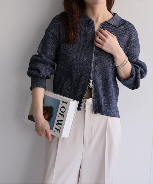 ap retro カーディガン ラメリブニットポロ襟ZIPカーディガン