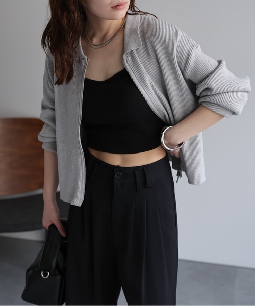 ap retro カーディガン ラメリブニットポロ襟ZIPカーディガン